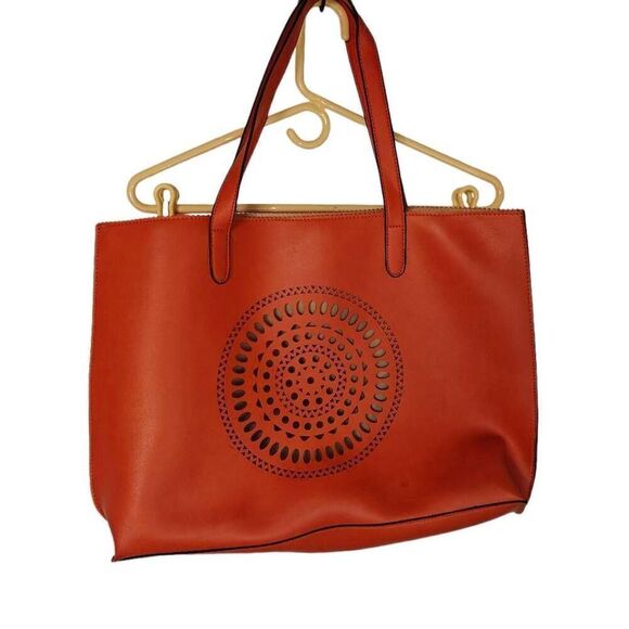Neiman Marcus Lazercut Faux Leather Vegan Leather Exclusive Orange Tote Bag - Picture 1 of 8